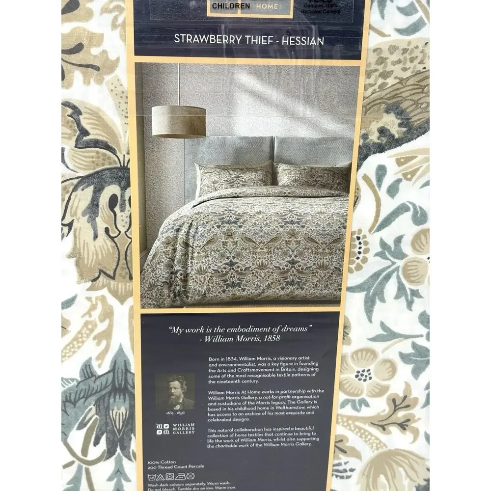 William Morris Strawberry Thief Hessian Queen Duvet Cover Set Teal Blue Grn